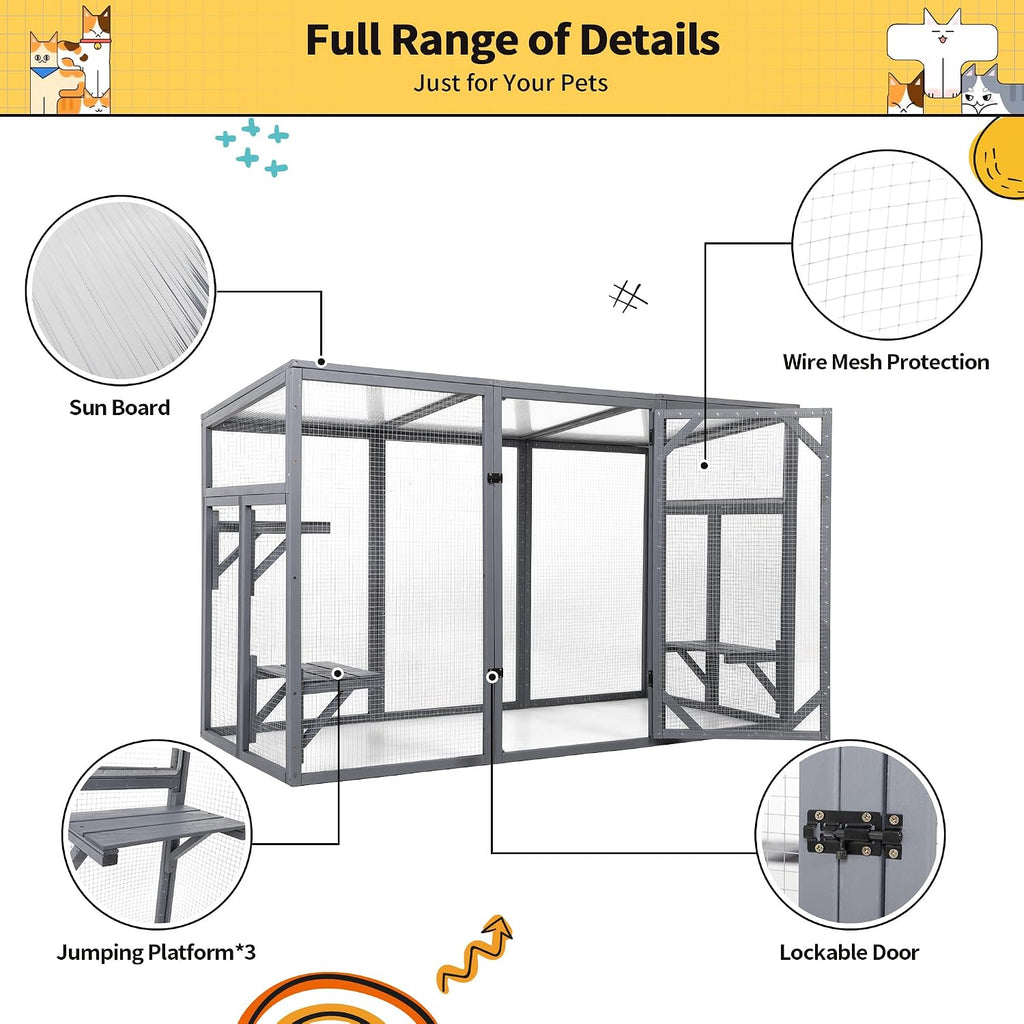 Outdoor Cat Catio House, Wooden Cat Habits with 3 Platforms, Lockable Doors, Top PC Sun Roof, Patio Yard Window