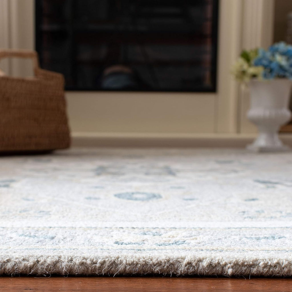 Micro-Loop Area Rug - 9' x 12', Light Grey & Ivory, Handmade Medallion Wool