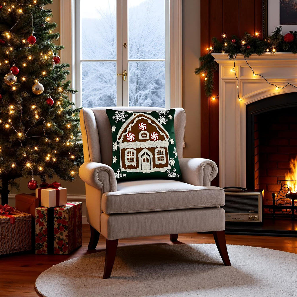 Christmas Green Throw Pillow Covers 18x18 Xmas House - Set of 2