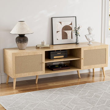 TV Stand with Rattan Doors for TVs up to 65", Mid-Century, Natural