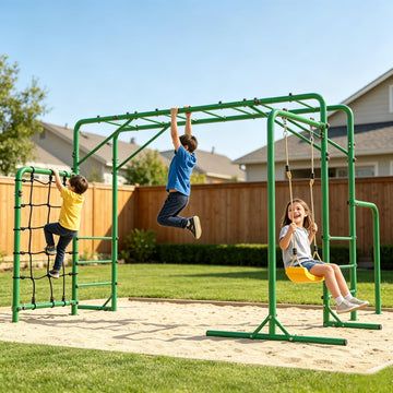 3-in-1 Monkey Bars for Kids Backyard with Climbing Frame, Swing & Net