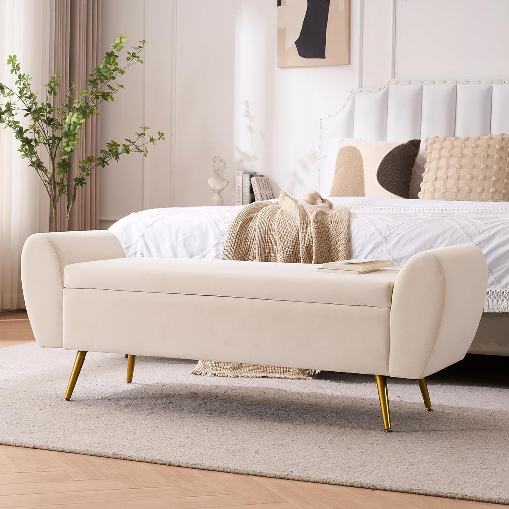 56" Storage Bench King Size Bed, Gold Legs, Velvet Ivory White | Long Ottoman, Modern End of Bed Bench, with Arm