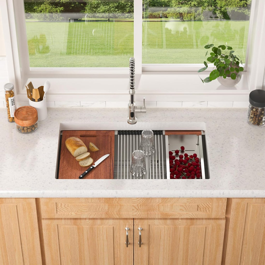 Undermount Double Kitchen Sink 32 Inch 16 Gauge Undermount Workstation 60/40 Double Bowl Sink Stainless Steel with