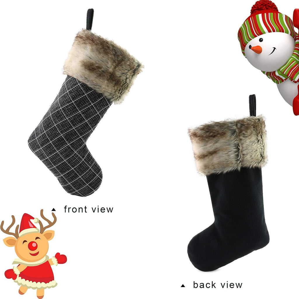 19'' 3 PCS Buffalo Plaid Christmas Stocking Decoration with Faux Fur Cuff Themed with Xmas Holiday Party Fireplace