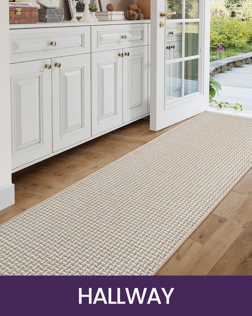 Th Runner Rug 2'4"x8', Non Slip Entryway Rugs, Beige White