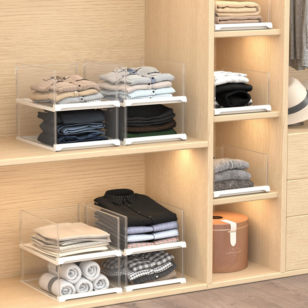 3 Pack Stackable Closet Organizers and Storage Shelves - Transparent Sweater Organizer for Closet, Bathroom, Kitchen