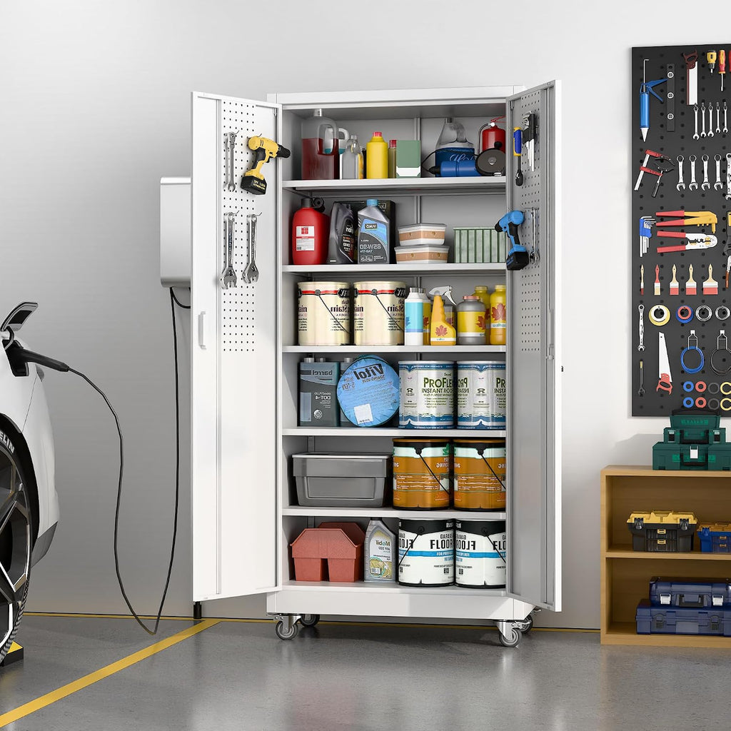 71" White Metal Storage Cabinet with Wheels and Pegboard | 16"D x 32"W x 71"H steel cabinet; lockable doors, 5