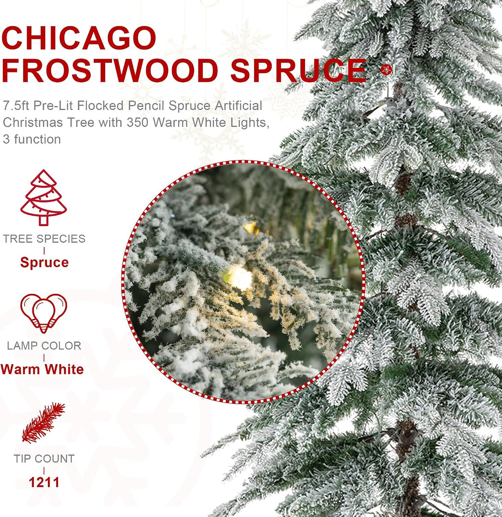 Artificial Christmas Tree, Pre-Lit Flocked Pencil Christmas Tree Chicago Frostwood Spruce with 350 Warm White