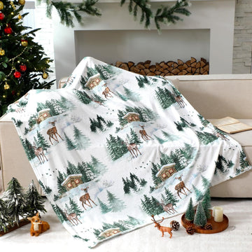 Christmas Tree Elk Flannel Throw Blanket 60"x50", Winter Throw