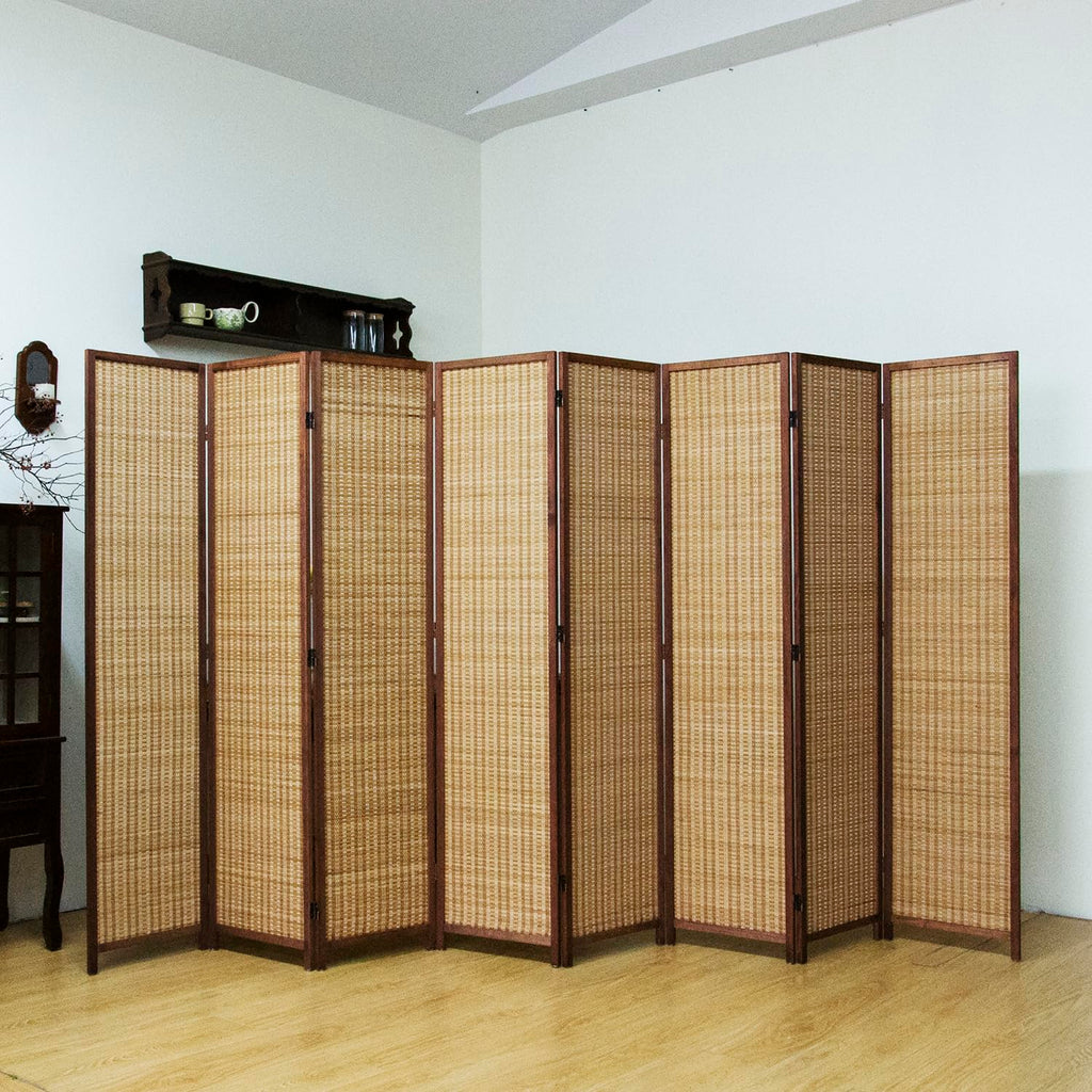 8 Panel Bamboo Room Divider - 5.6 ft Tall Brown Folding Privacy Screen, Double-Sided Freestanding Partition Wall with