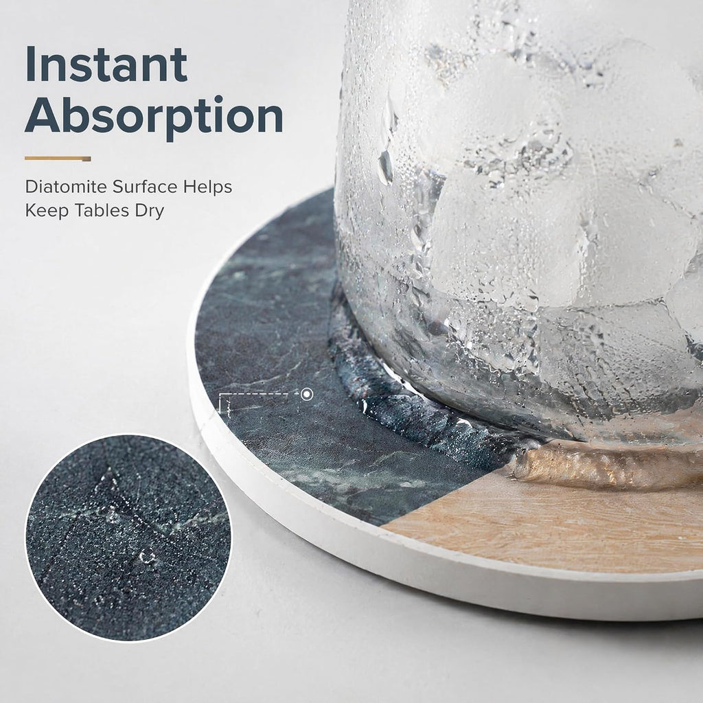 Diatomite Coasters Set, Marble & Wood, Absorbent, Diatomaceous Earth, Modern Home Decor & Accessories - Set of 4