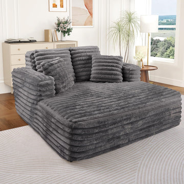 60.75" Oversized Chaise Lounge Indoor, Modern Plush Faux Fur Fabric Deep Seat Boneless Memory Foam Sleeper Chaise