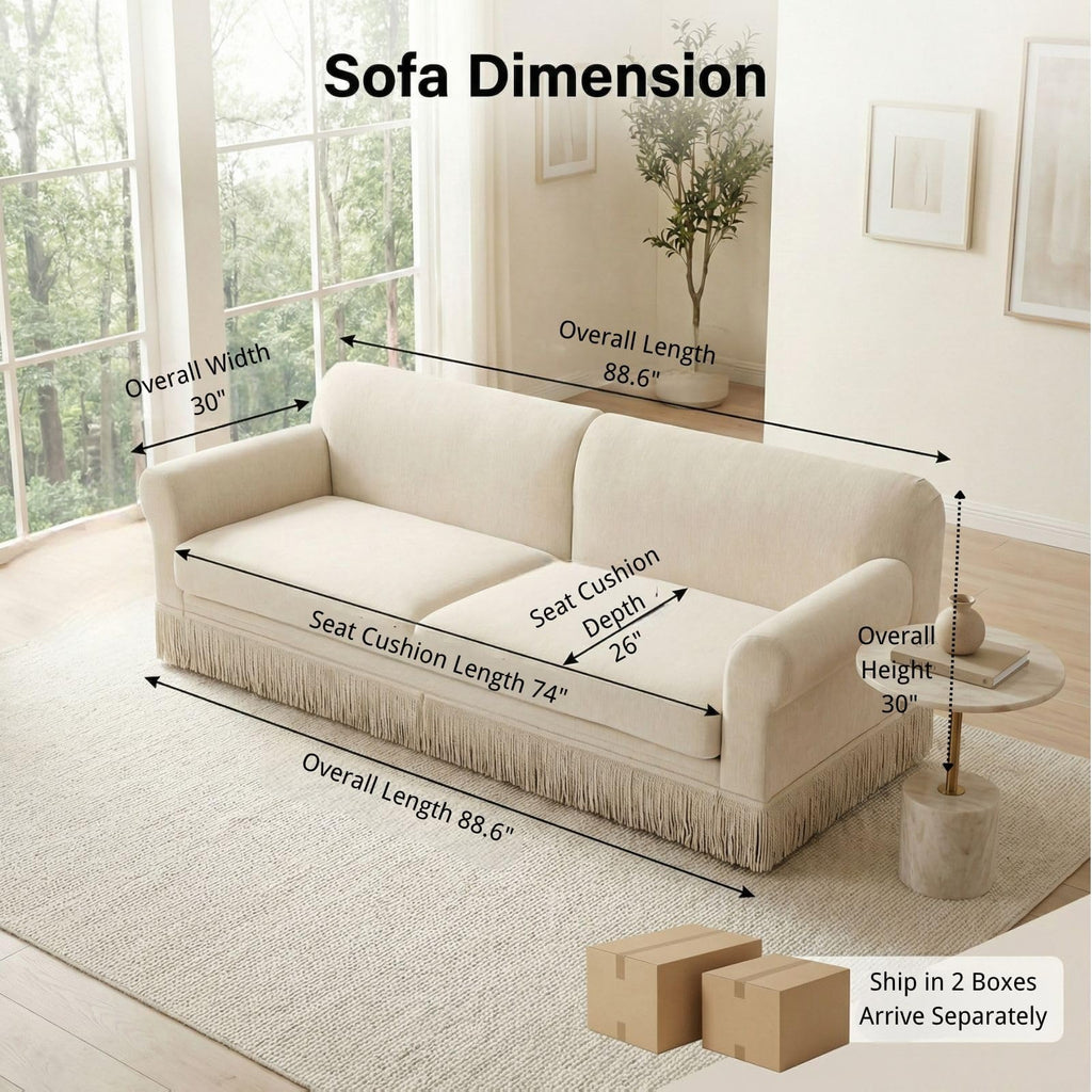 88-Inch Living Room Sofa: 3-Seater Chenille Couch with Fringe Tassel