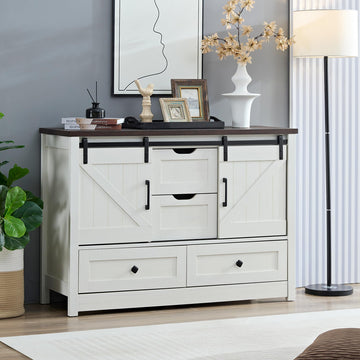 Farmhouse, 4 Drawers Dressers with Sliding Barn Door, 48" Wide 4 Chest of Drawers, Storage Organizer Cabniet
