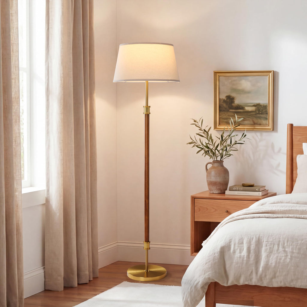 Mid Century Floor Lamp, Dark Walnut Wood Pole Standing Lamp with 18" Linen Shade, Brushed Gold Aluminum Accents, 11"