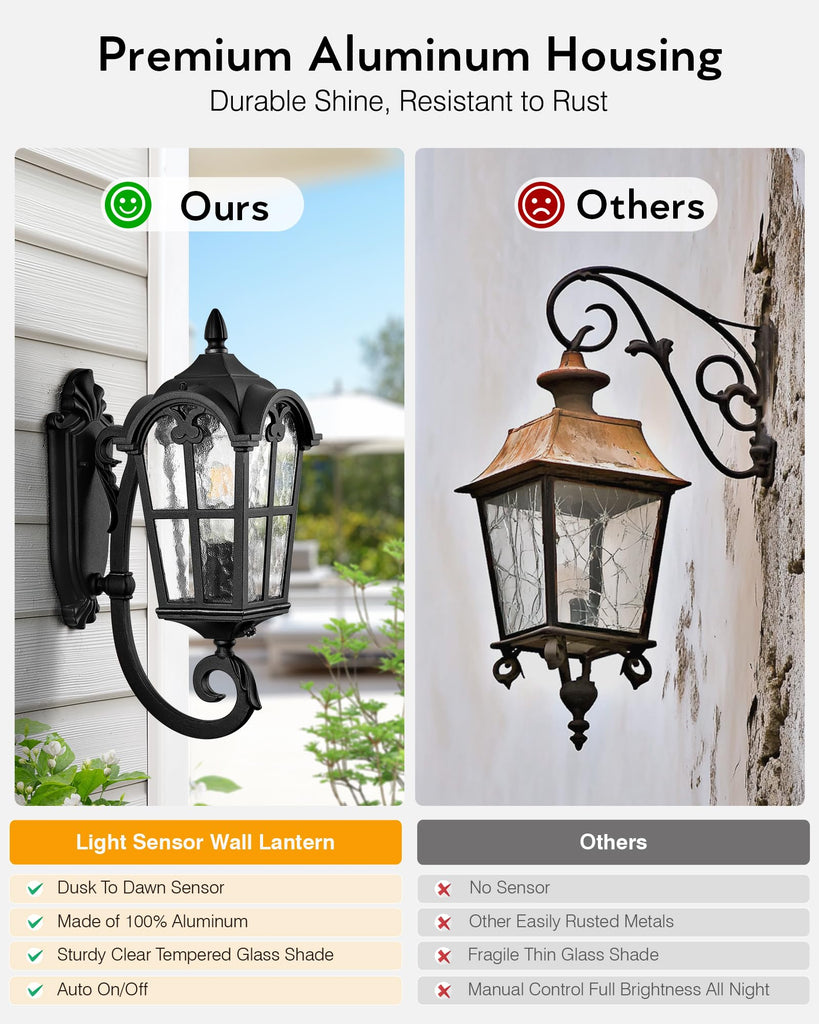 Black Dusk to Dawn Outdoor Lighting, Vintage Outdoor Sconce Lights with Water Ripple Glass, 100% Aluminium Anti-Rust