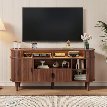 59" Fluted TV Stand with Sliding Doors, Mid Century Modern TV Stands for Tvs up to 65", Entertainment Center with