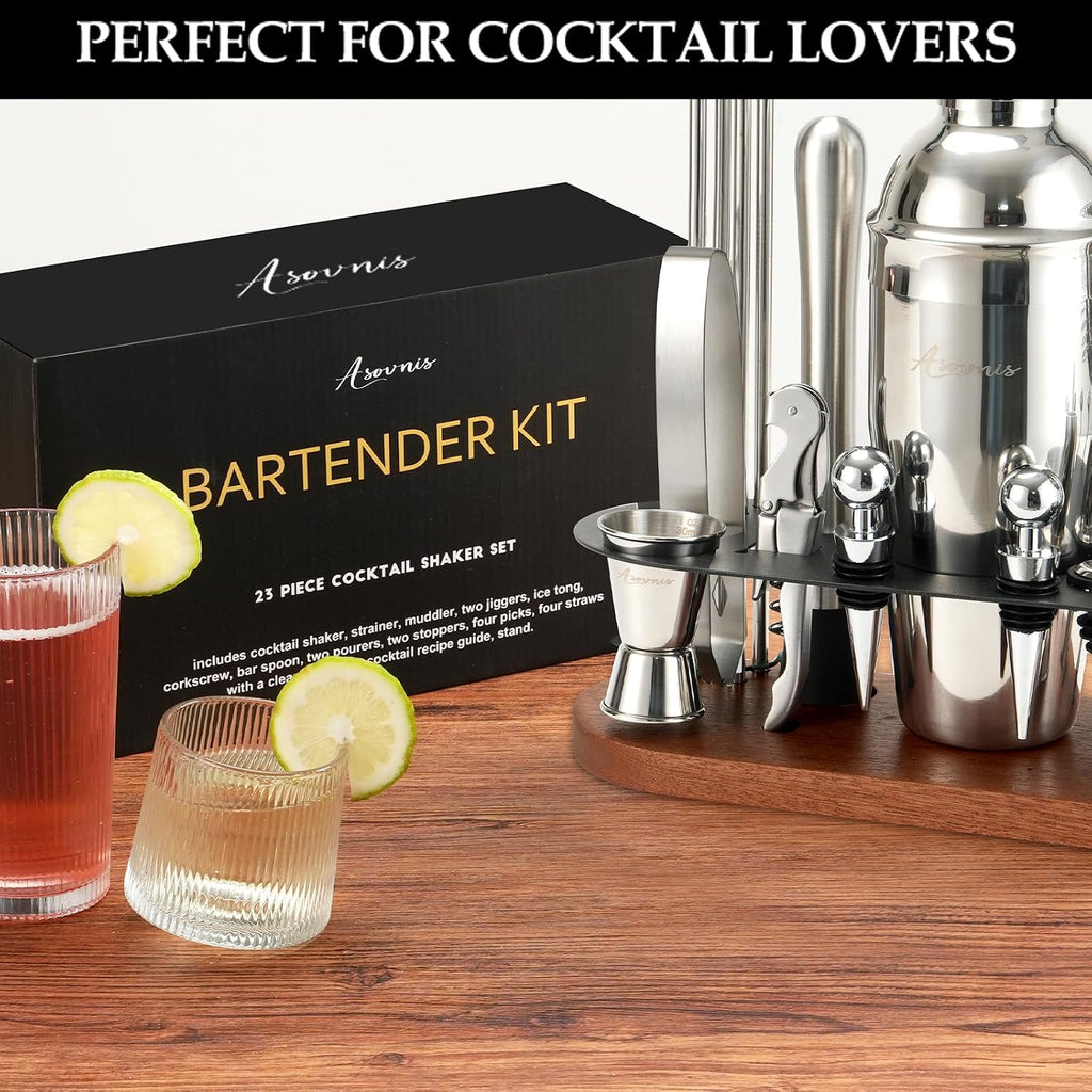 23-Piece Cocktail Shaker Set with Stand, 304 SS, Bartender Kit Gift - Set of 23