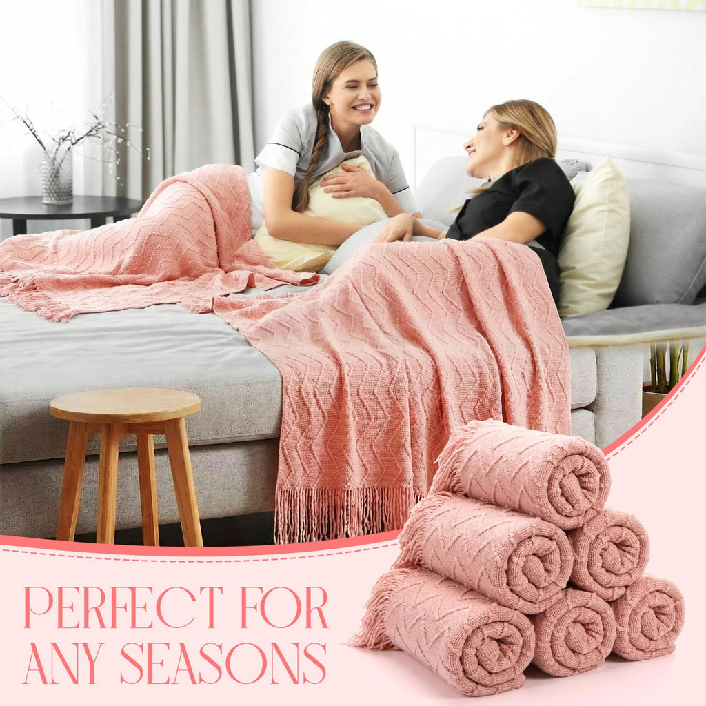 6 Pack Boho Knitted Throw Blankets with Tassels 50''x60'', Pink