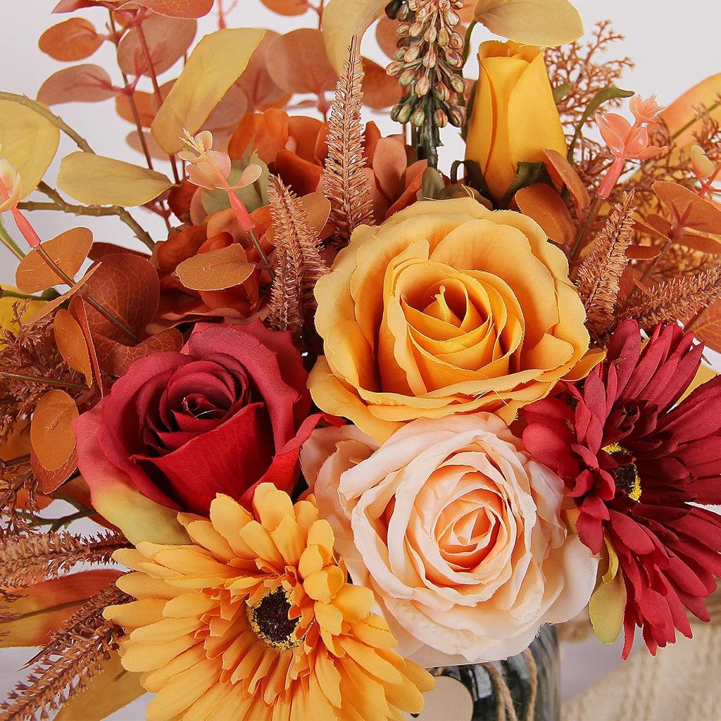 Fall Artificial Flowers in Vase, Fall Orange Rose Centerpiece