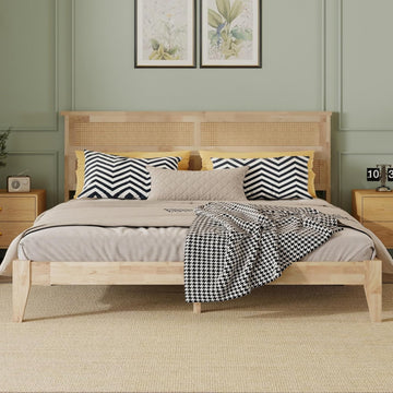 King Solid Wood Bed Frame with Interwoven Rattan Headboard, Rubber Wood Platform Bed with Underbed Storage Space