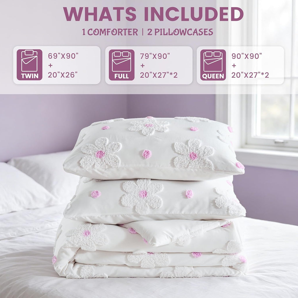 Full Comforter Set for Girls 3 Pieces Soft Pink Tufted Daisies Flowers Bedding Set Bed in A Bag Cute Floral Comforter