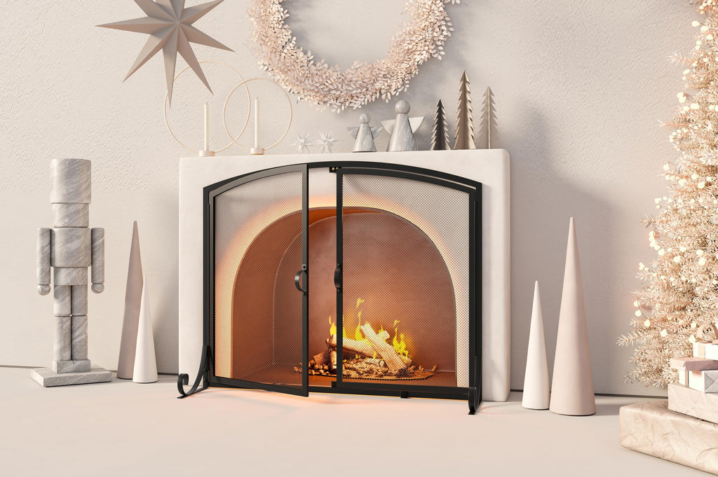 Fireplace Screen with Doors, 35" W x 28" H, Heavy Duty Solid Steel Frame, Wrought Iron Spark Guard, Baby Proof