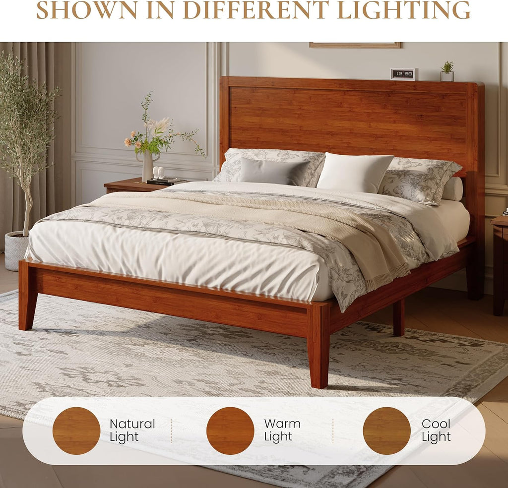 Queen Size Bamboo Bed Frame, Japanese Joinery, Warm Brown