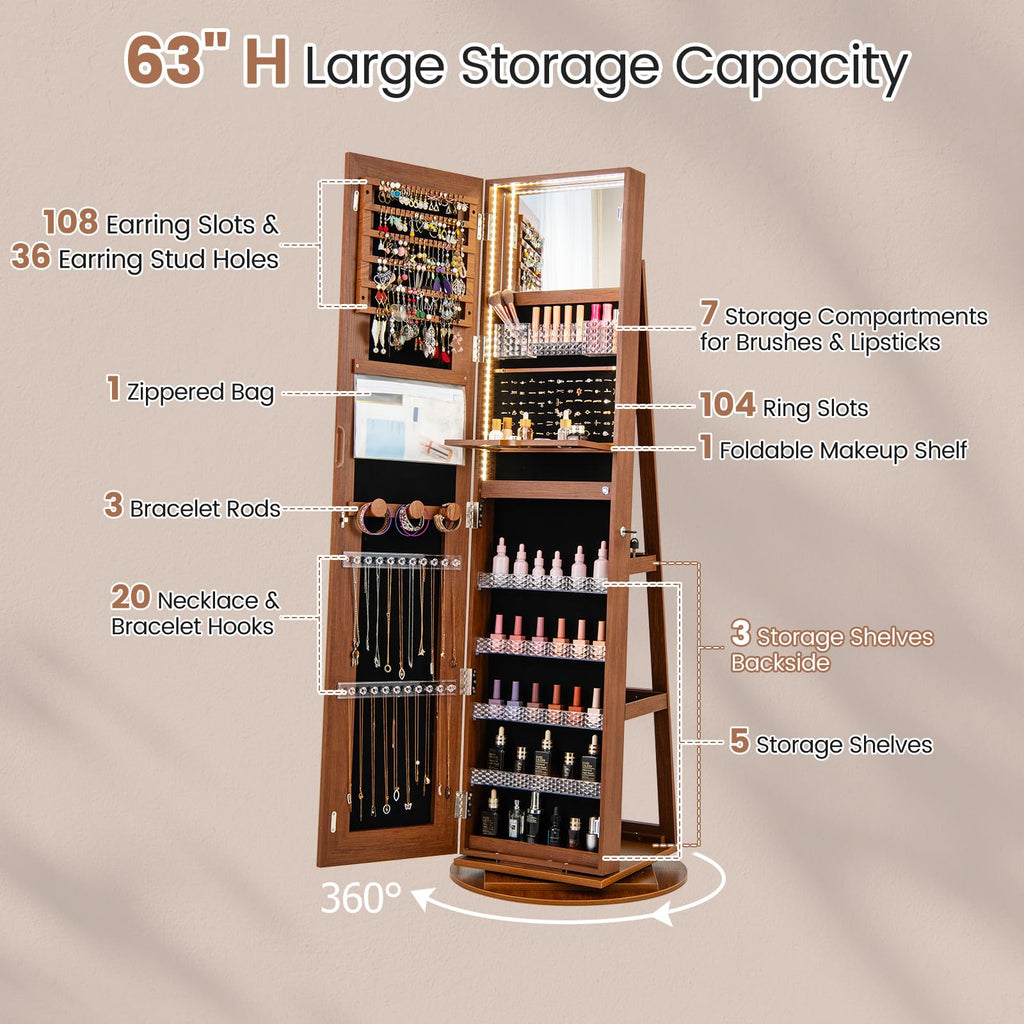 360° Swivel Jewelry Cabinet, Jewelry Armoire Organizer (Walnut)