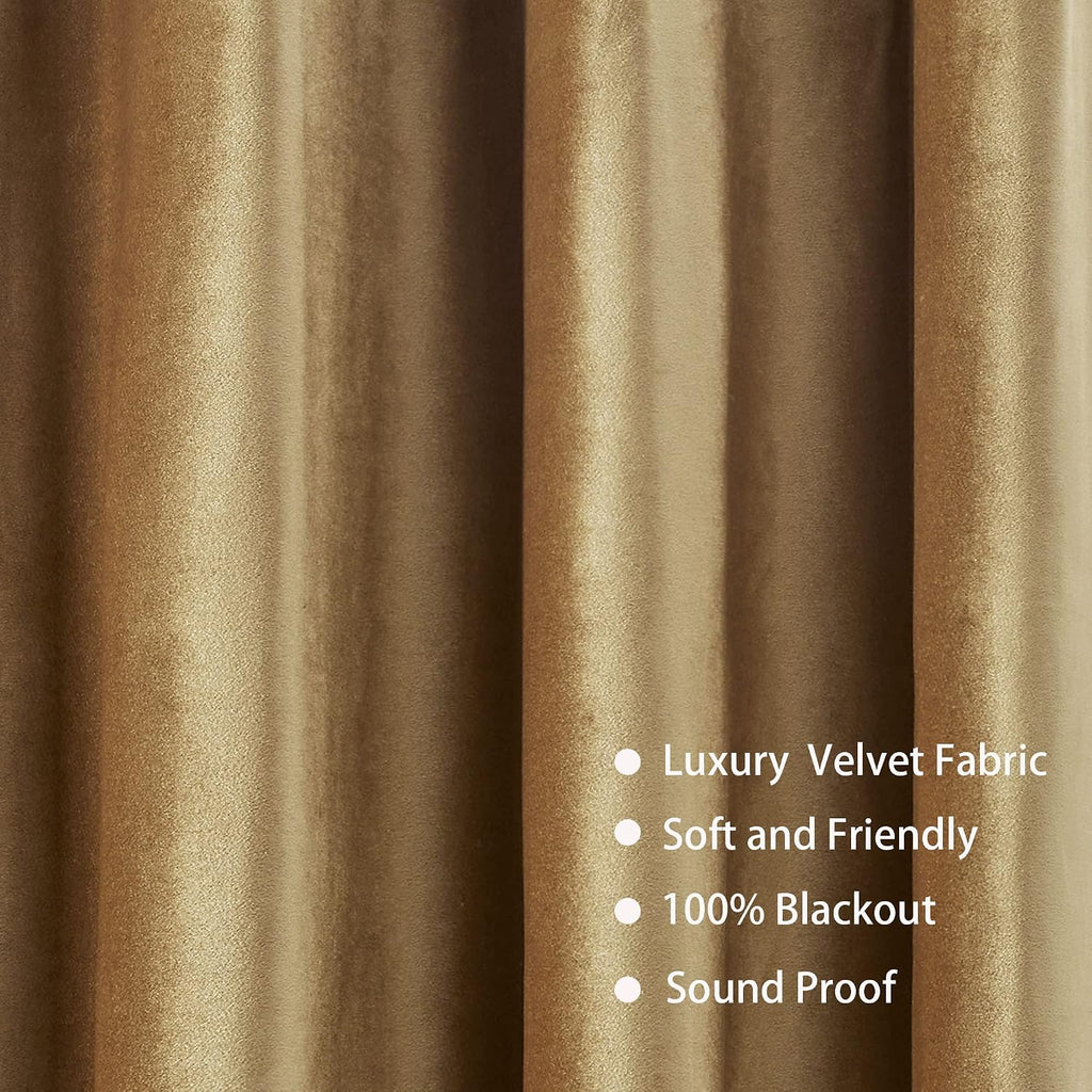 100% Blackout Velvet Window Curtains Gold 84 inch Long, Room Darkening Curtains Heavy Thermal Insulated Grommet