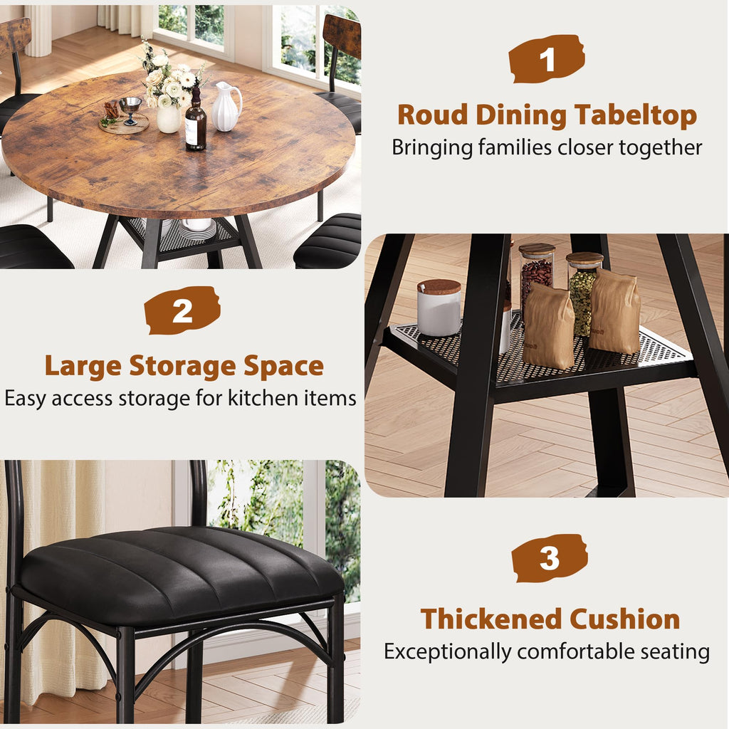 Dining Table Set for 4, Kitchen Table and Chairs for 4, Round Dining Room Table with Upholstered Chairs, 5 Piece Space