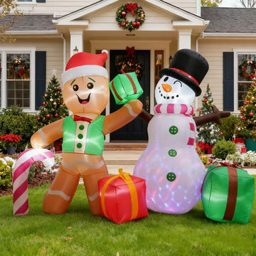 6FT Christmas Inflatable Decoration, Built-in LED Lighting Gingerbread Man Snowman Gift Box, Suitable for Inflatable