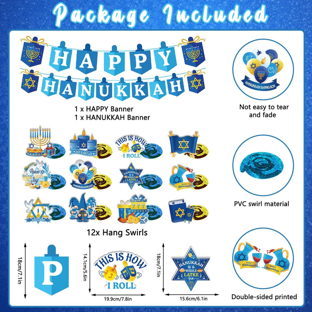 Hanukkah Decorations Blue and White Happy Hanukkah Banner and Hanging Swirls Need DIY Chanukah Party Decor - Set of 14