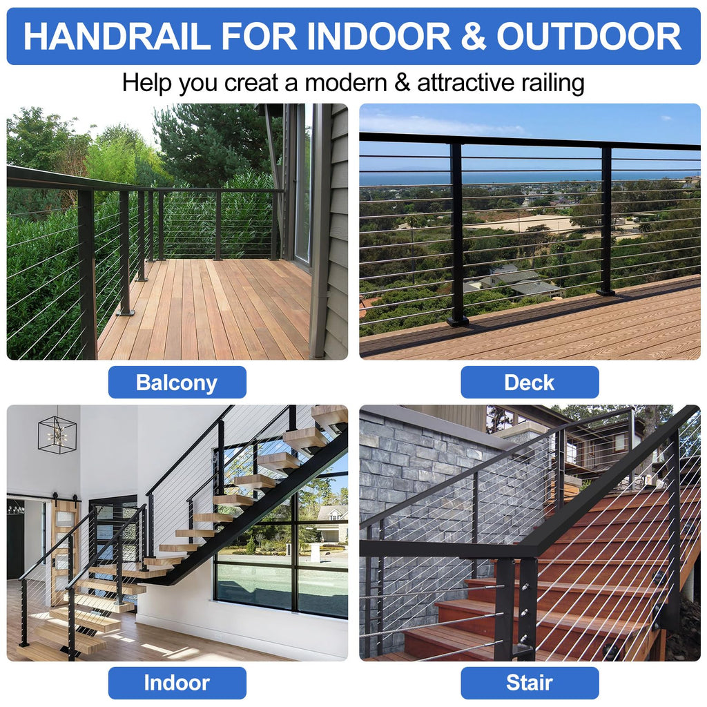 6'6'' Stainless Steel Rectangular Handrail 2 Pack, Cuttable Cable Railing Handrails System, Black Flat Top Rail with