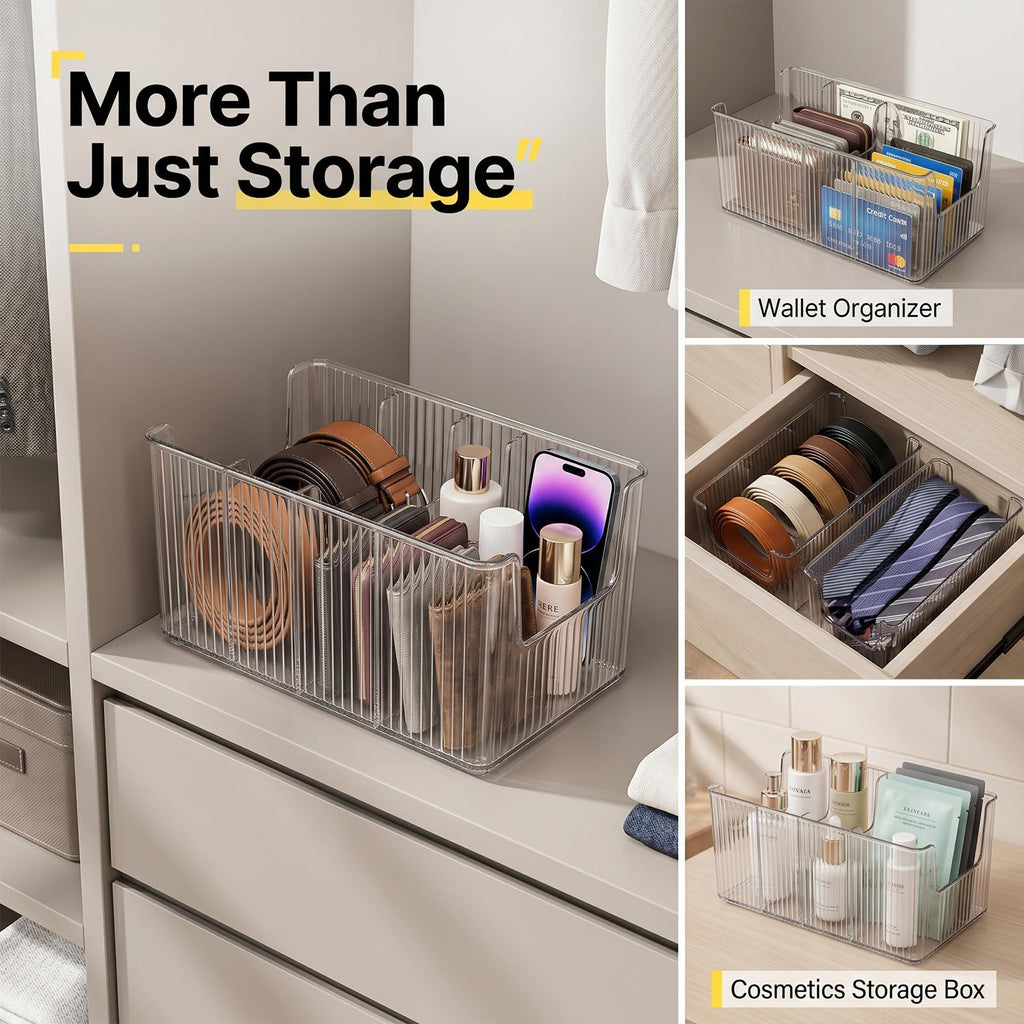 Acrylic Belt Organizer, 2 Pack Clear Belt Storage Box with 4 Adjustable Compartments, Stackable Durable Acrylic Belt