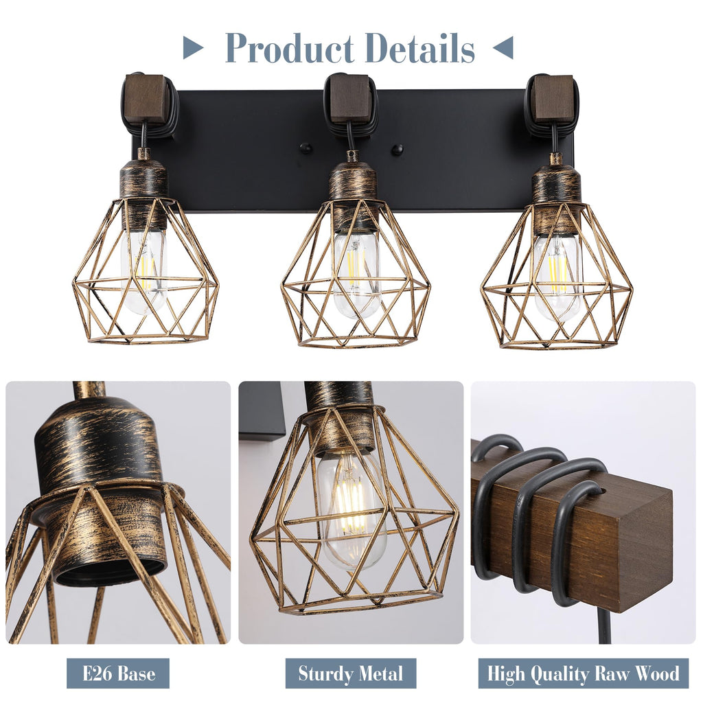 Black Gold Bathroom Light Fixtures, 3-Light Farmhouse Vanity Light