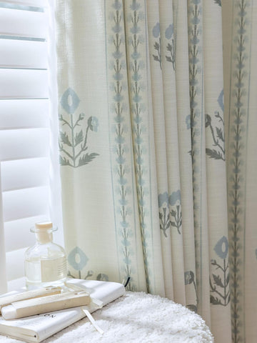 Linen Blend Pinch Pleated Curtains 96 Inches Long , Light Filtering Curtains 2 Panels Set, Modern Floral Printed
