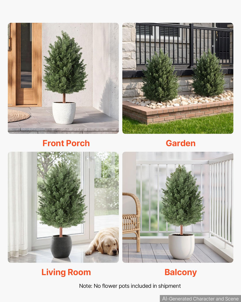 Artificial Topiary Cedar Bush 3 Ft Set of 2 Greenery Fake Shrubs, PE Faux Trees with Ground Spikes, Indoor & Outdoor