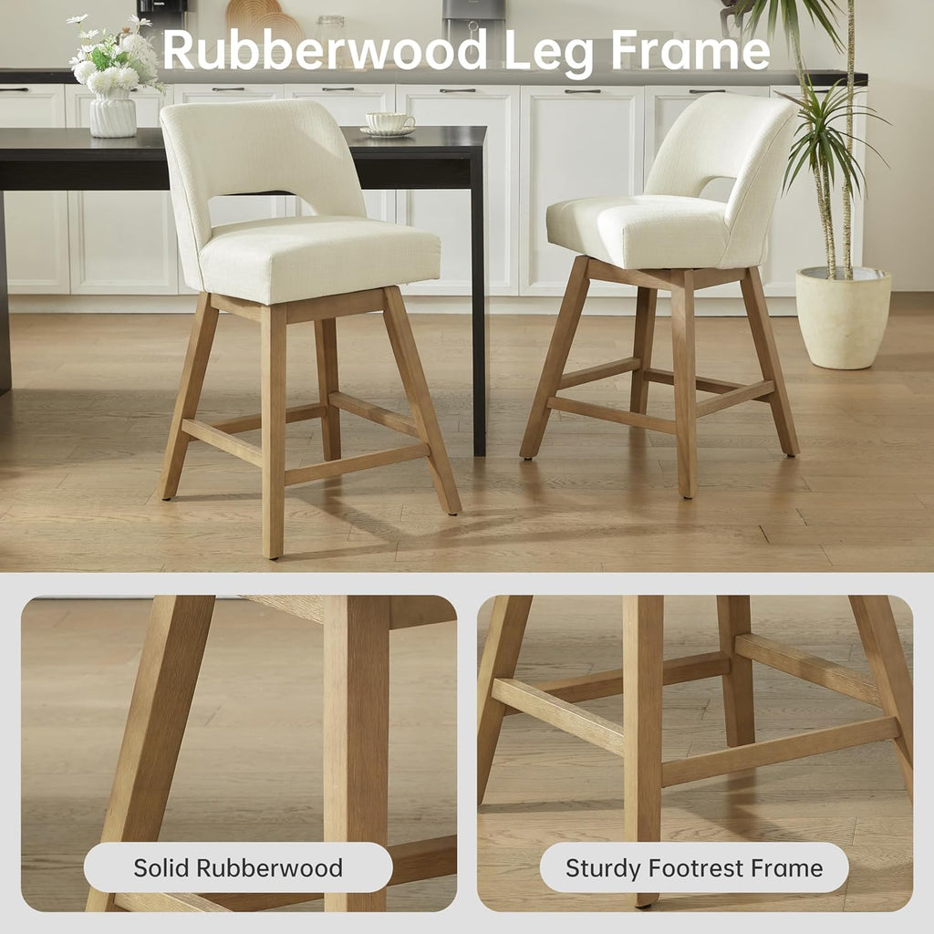 27" Swivel Bar Stools Set of 4, Upholstered Counter Height Bar Stools with Backrest and Rubberwood Legs, Fabric