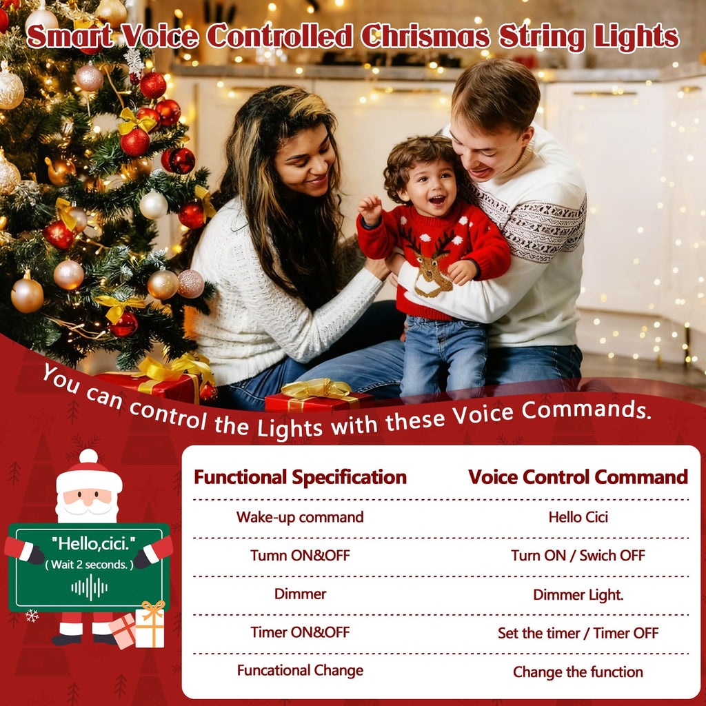 88FT Christmas String Lights Voice Controlled Remote, Warm White
