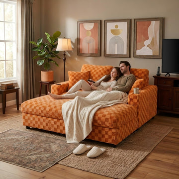 Modern Oversized Chaise Lounge Chair with Integrated Ottoman, Corduroy Upholstered Deep Seat Sleeper Armchair with
