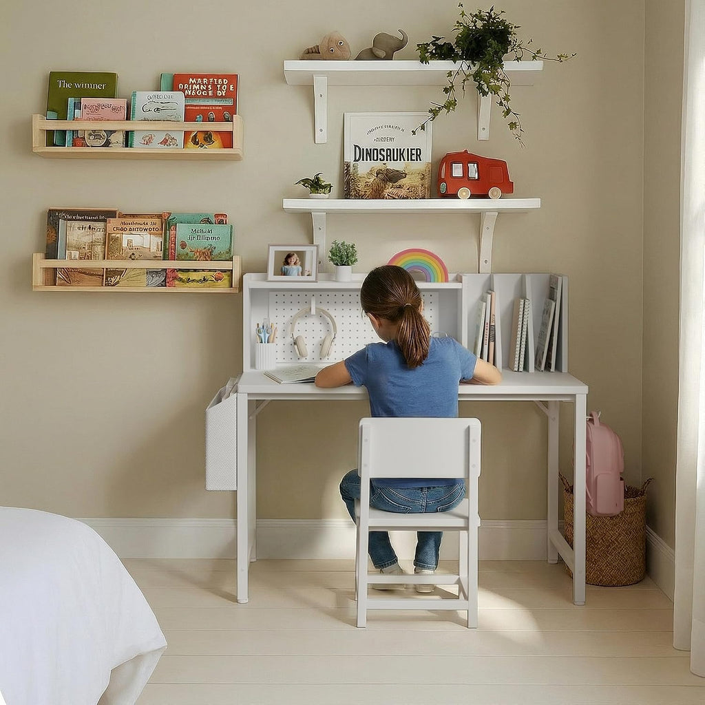Kids Desk and Chair Set for 6-12 Year Old, Children Study Desk with Hutch and Pegboard, Student Writing Table