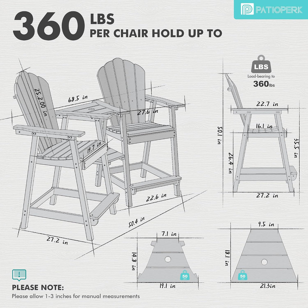 Tall Adirondack Chairs Set of 2 with Double Connecting Tray | Weather-Resistant HDPE, Wood-Grain Texture, Footrests