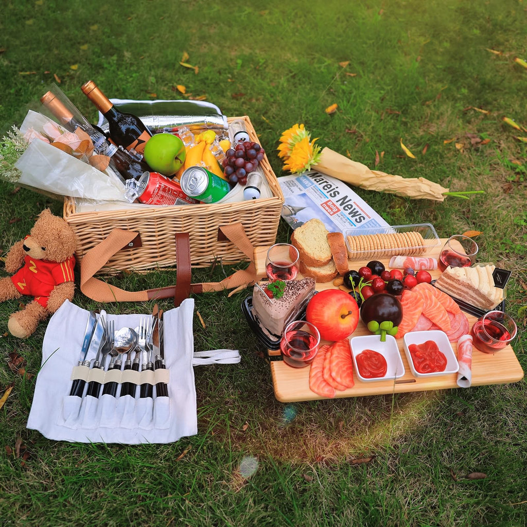 Wicker Picnic Basket for 2 with Mini Folding Wine Picnic Table & Large Insulated Cooler Bag & Cutlery Service Kits
