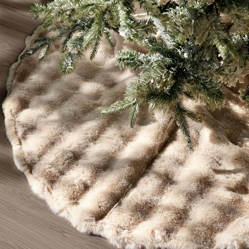 Christmas Tree Skirt 48 Inch, Light Khaki Faux Fur Christmas Tree Skirts Decorations, Rustic Neutral Soft Plush Xmas