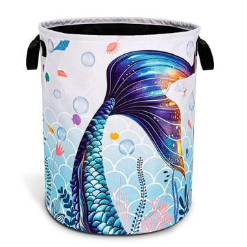 Blue Purple Mermaid Tail Laundry Basket Foldable Waterproof 18.9x16.5 Inch