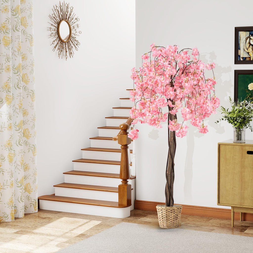 5.5FT Artificial Cherry Blossom Tree, Fake Flower Tree, Faux Floral Plant Blooming Tree Pot with Pink Flowers, Tall