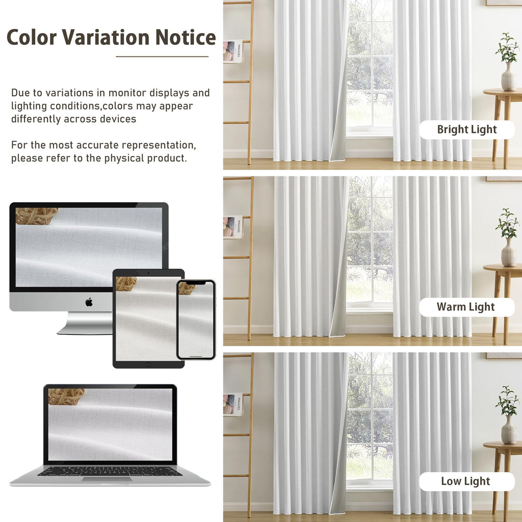 Snow White Blackout Curtains 100 Inches Long Modern Rustic Textured Back Tab Grey Backing Window Hook Draperies