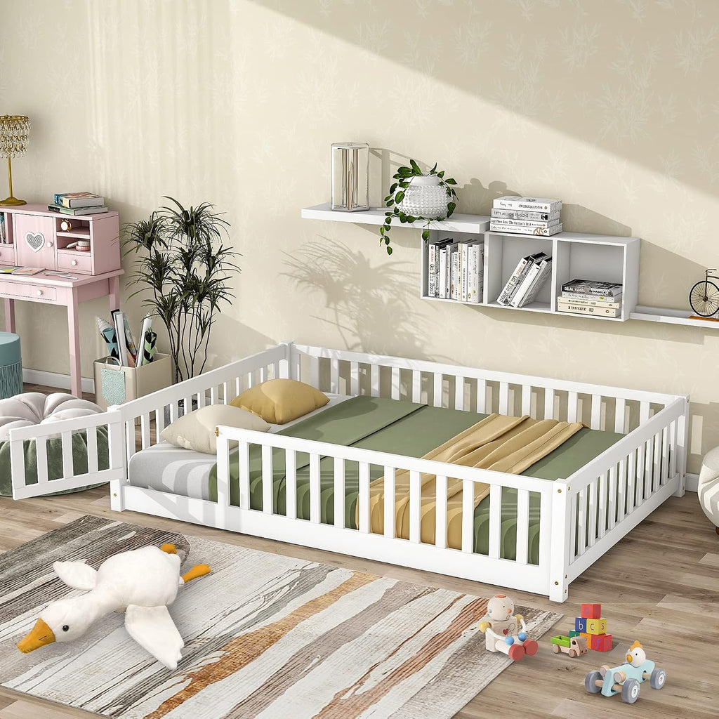 Twin Floor Bed, Durable Montessori Floor Bed with Wood Slats, Safety Fence & Small Door, Wood Floor Bed Frame for