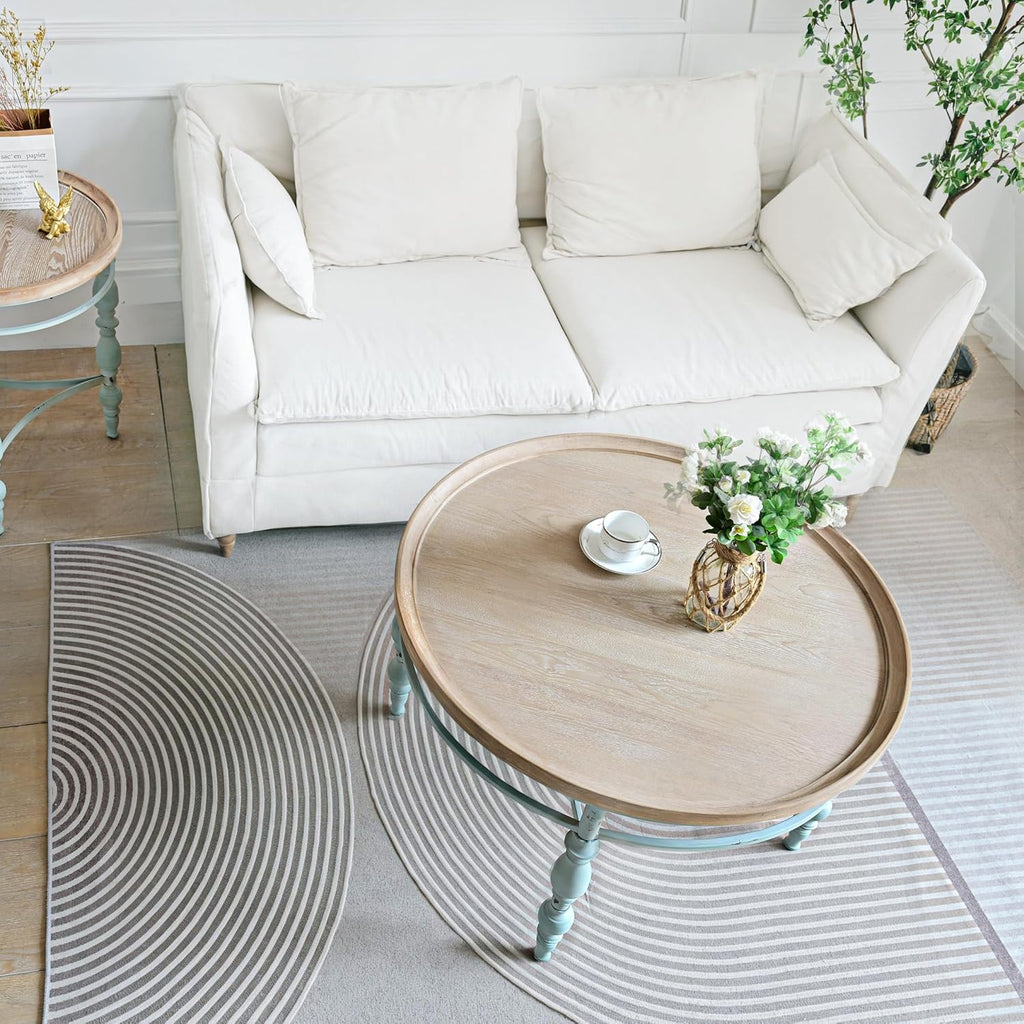 Rustic Farmhouse Round Coffee Table, French Country Vintage Center Table,φ31.5'' x18.9''H Rustic Solid Wood with Vintage Iron Legs, for Living Room, Bedroom,Dinning Room,Nature White